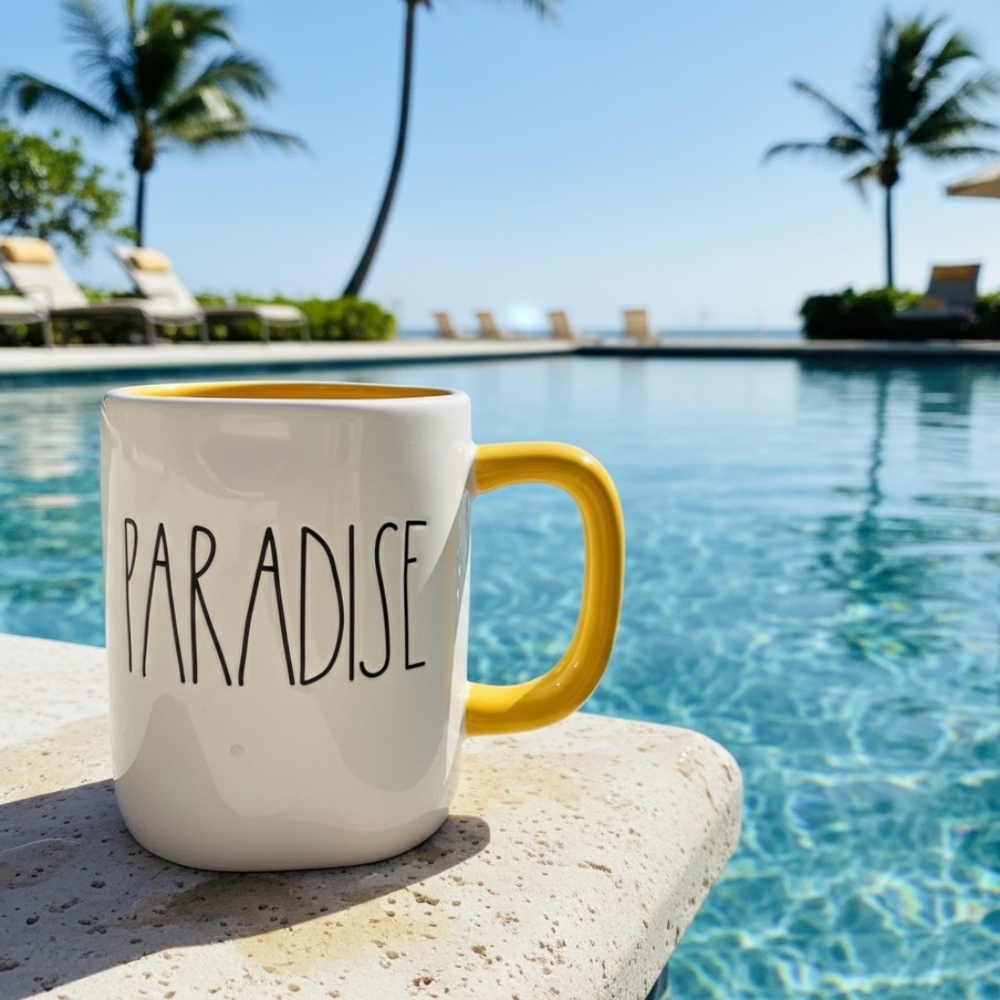 Paradise White and Yellow Mug By RAE DUNN